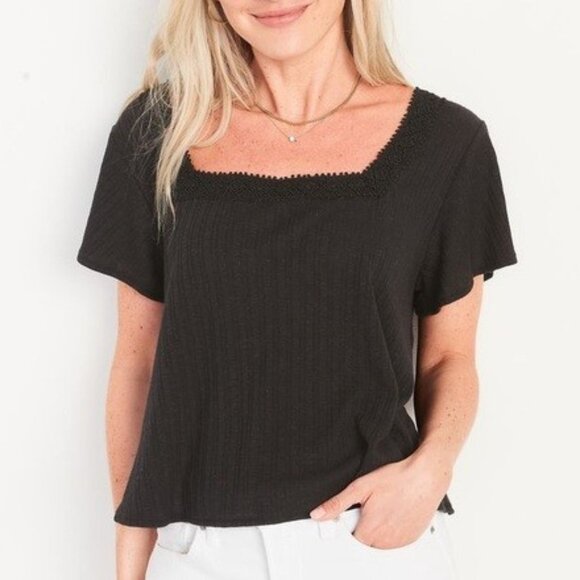 Old Navy Flutter Sleeve Crochet Lace Pointelle Top Knit Swing Blouse Black XL - Picture 1 of 6